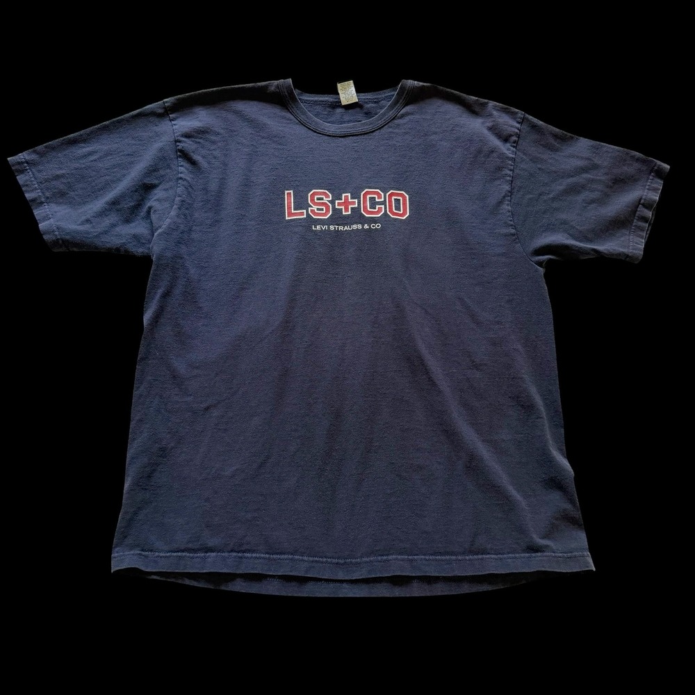 90's Levis XL T-Shirt‎ Navy Blue LS+CO Logo Made in USA Cotton Short Sleeve